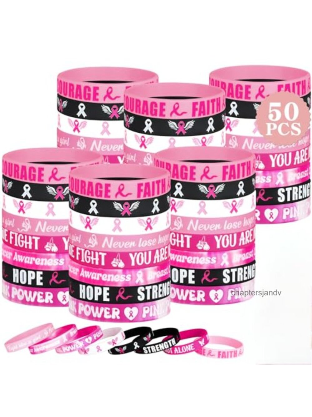 50pc Breast Cancer Awareness Silicone Rubber Bracelets Set